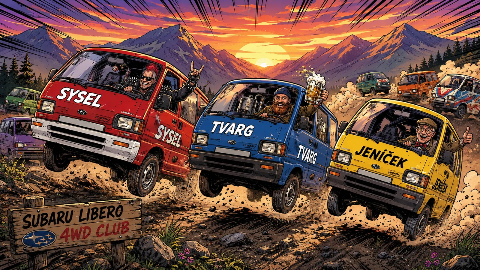 Komiks: vozy SYSEL, TVARG a JENÍČEK v horách u cedule Subaru Libero 4WD Club