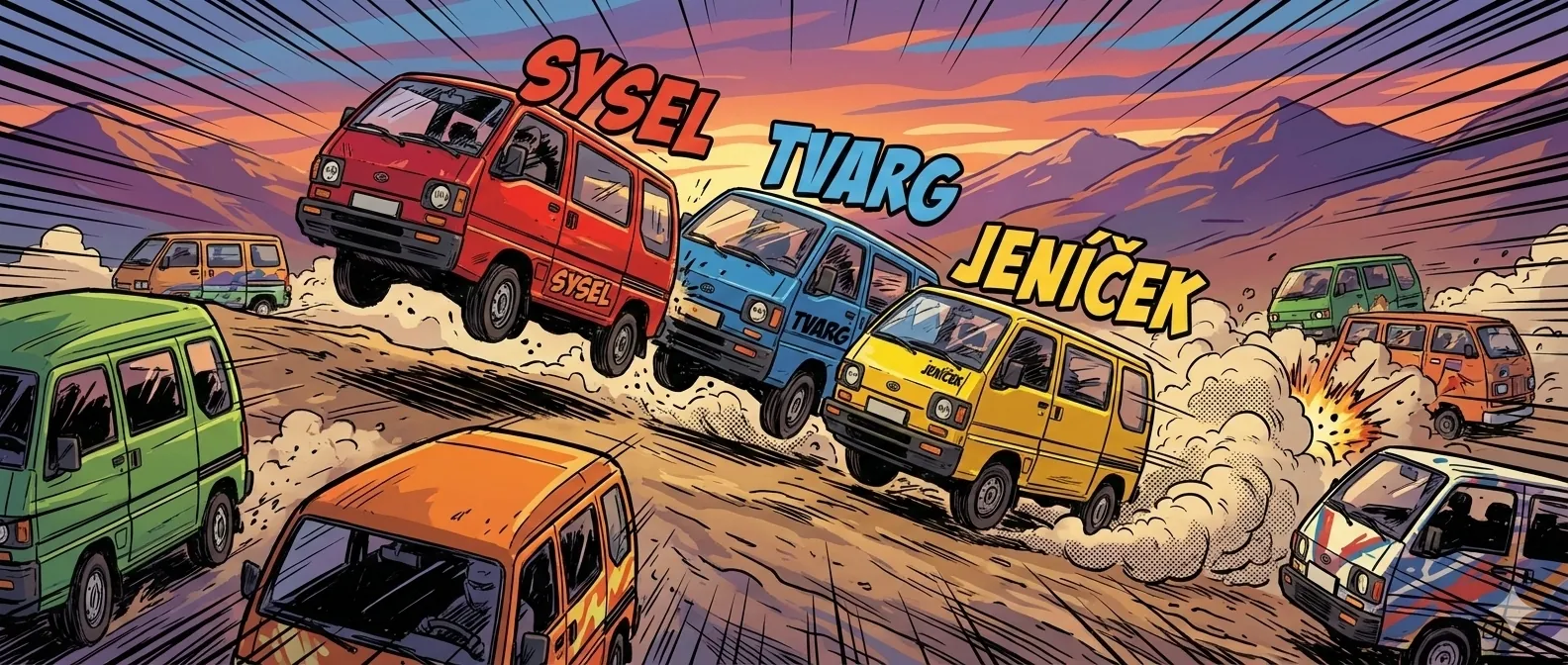 Pop-art ilustrace klubových vozů Subaru Libero — SYSEL, TVARG a JENÍČEK v horách