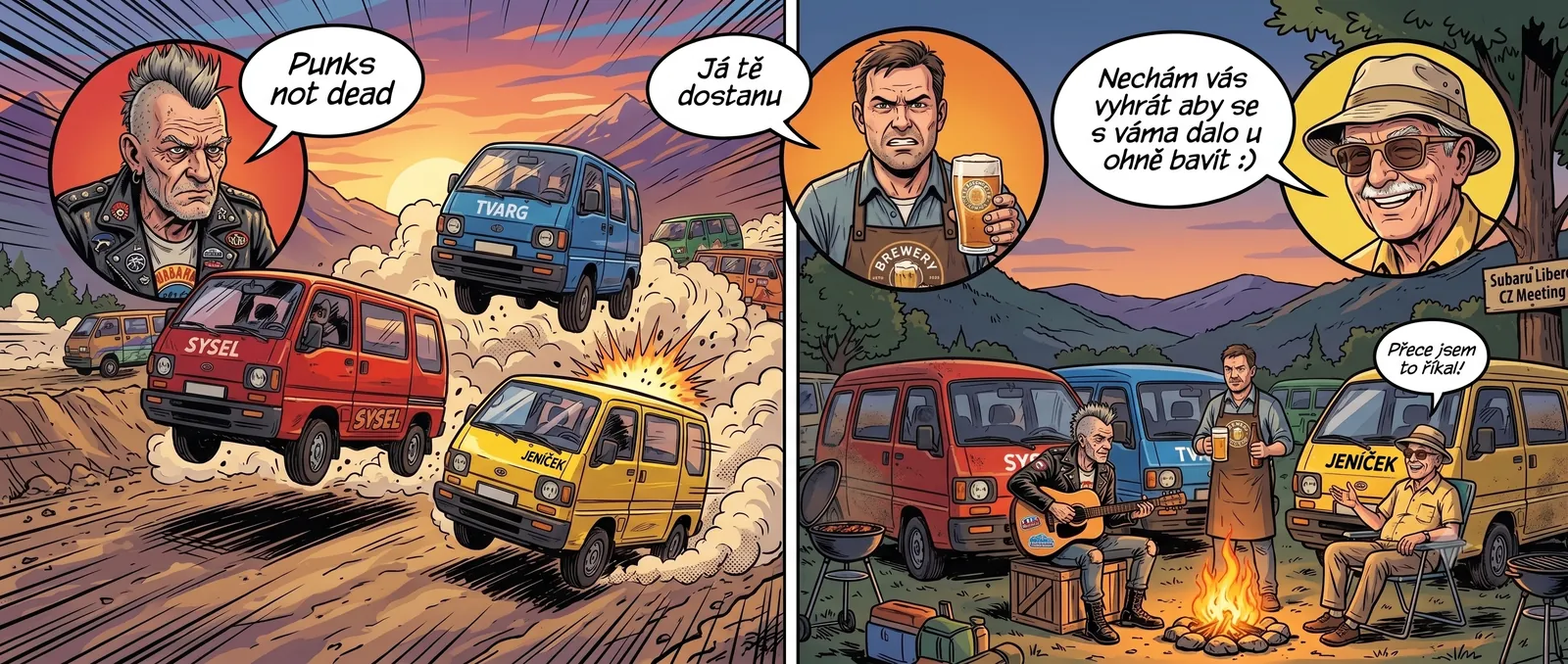 Komiksový strip: sraz komunity Subaru Libero — spanilá jízda a posezení u ohně